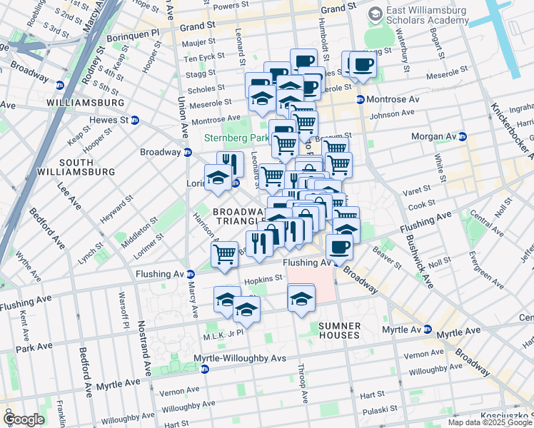 map of restaurants, bars, coffee shops, grocery stores, and more near 640 Broadway in Brooklyn