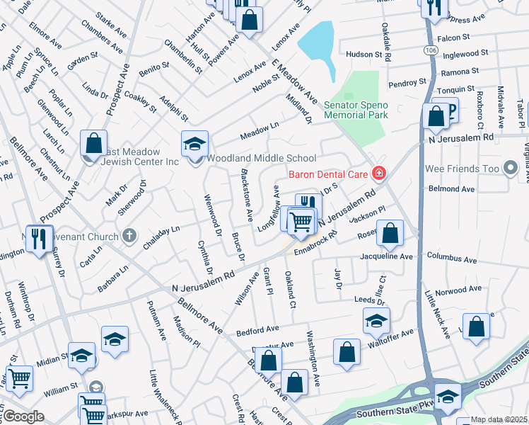 map of restaurants, bars, coffee shops, grocery stores, and more near 1932 Central Drive North in East Meadow