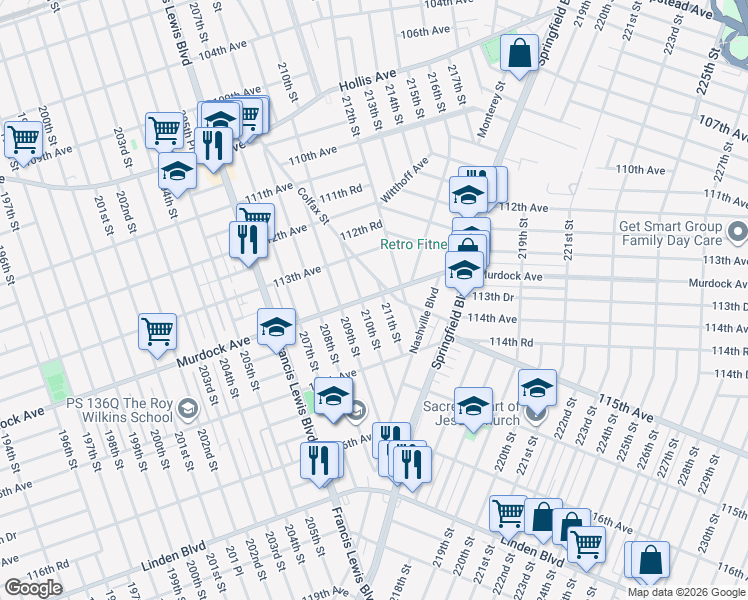 map of restaurants, bars, coffee shops, grocery stores, and more near 21012 Murdock Avenue in Queens