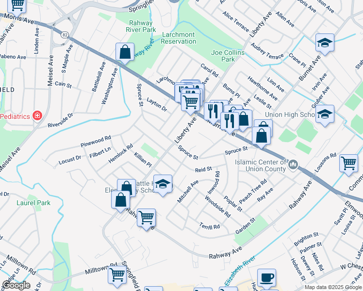 map of restaurants, bars, coffee shops, grocery stores, and more near 2669 Spruce Street in Union
