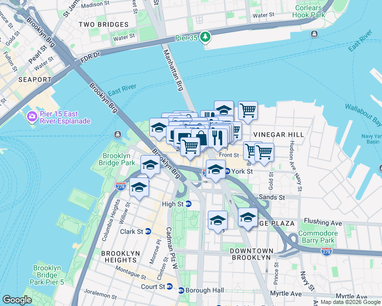 map of restaurants, bars, coffee shops, grocery stores, and more near Washington Street in Brooklyn