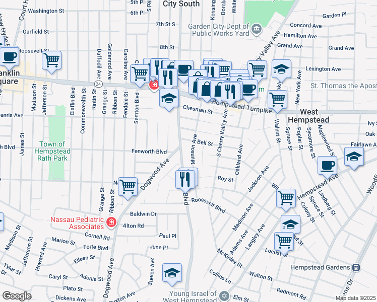 map of restaurants, bars, coffee shops, grocery stores, and more near 104 Munson Avenue in West Hempstead