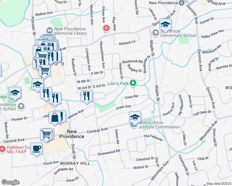 map of restaurants, bars, coffee shops, grocery stores, and more near 172 Hickson Drive in New Providence