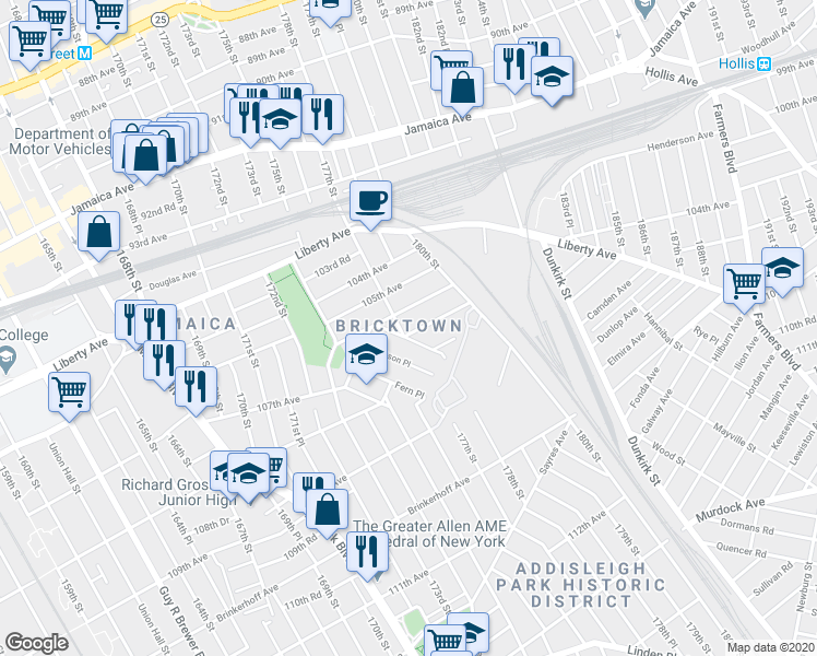 map of restaurants, bars, coffee shops, grocery stores, and more near 106-17 177th Street in Queens