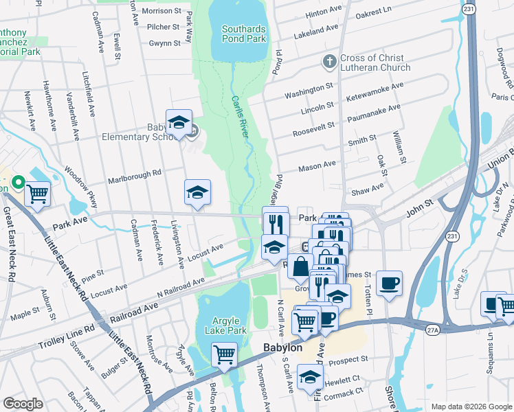 map of restaurants, bars, coffee shops, grocery stores, and more near 104 Park Avenue in Babylon