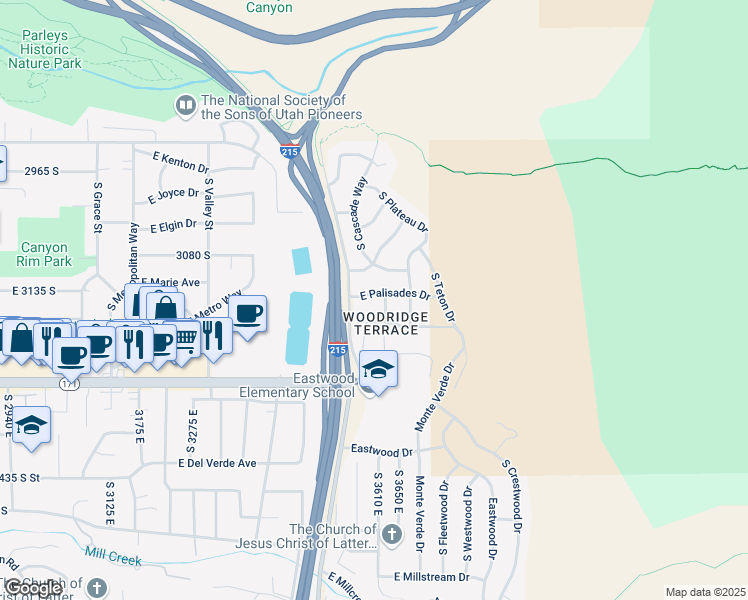 map of restaurants, bars, coffee shops, grocery stores, and more near 3594 East Palisades Drive in Salt Lake City