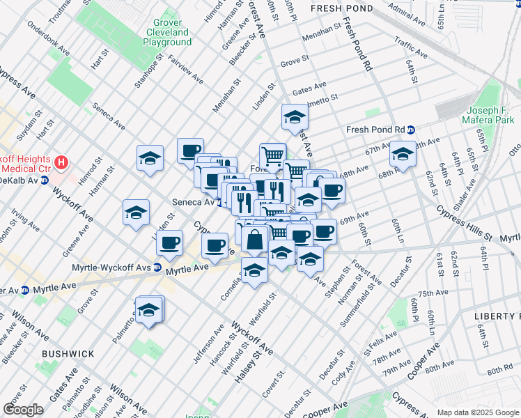 map of restaurants, bars, coffee shops, grocery stores, and more near 792 Onderdonk Avenue in Queens