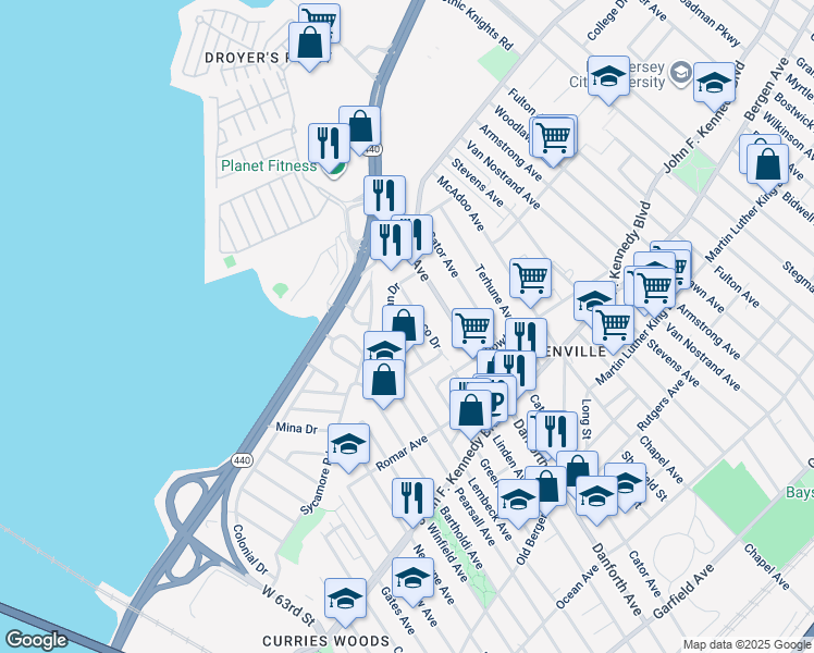 map of restaurants, bars, coffee shops, grocery stores, and more near 32 Msgr Wojtycha Drive in Jersey City