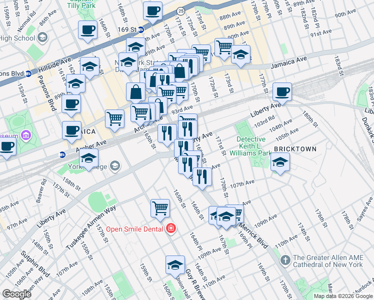 map of restaurants, bars, coffee shops, grocery stores, and more near in Queens