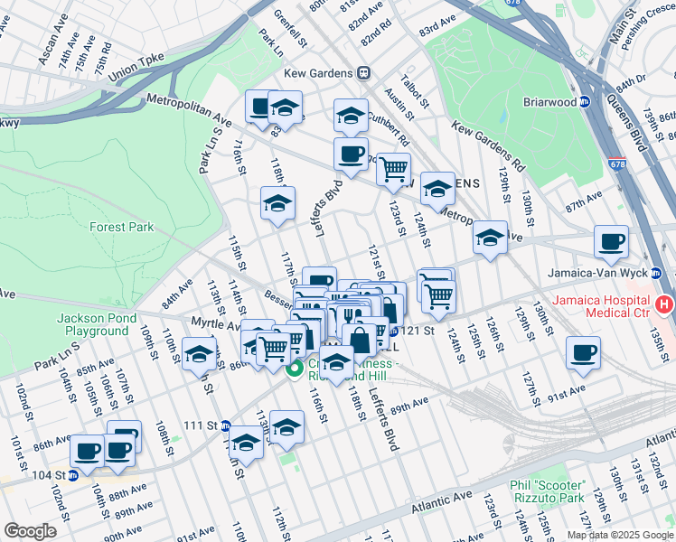 map of restaurants, bars, coffee shops, grocery stores, and more near 85-10 120th Street in Queens