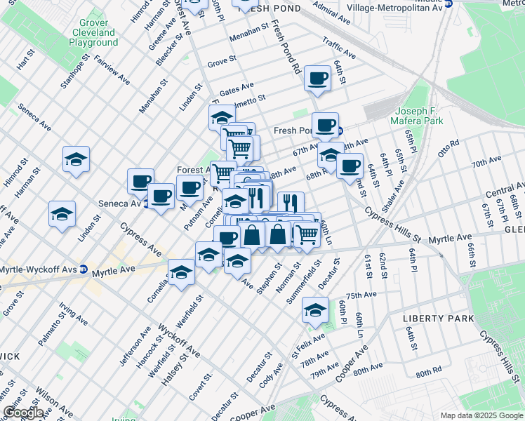 map of restaurants, bars, coffee shops, grocery stores, and more near 68-59 Forest Avenue in Queens