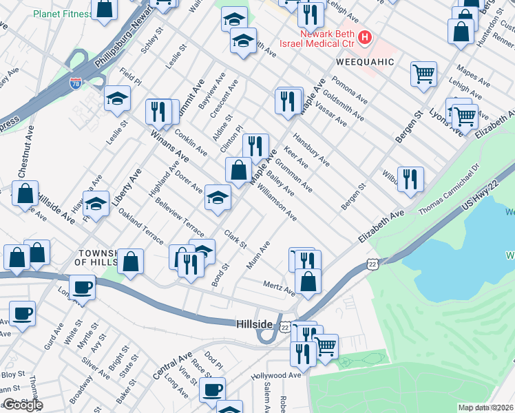 map of restaurants, bars, coffee shops, grocery stores, and more near 126 Williamson Avenue in Hillside