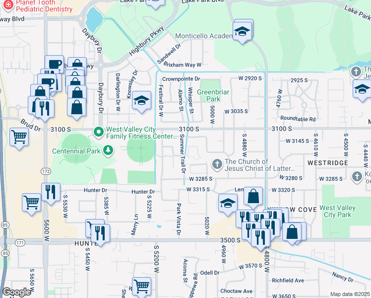 map of restaurants, bars, coffee shops, grocery stores, and more near 3174 Park Commons Way in West Valley City