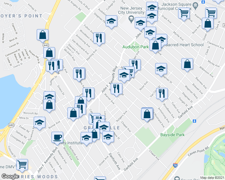 map of restaurants, bars, coffee shops, grocery stores, and more near 138 Wade Street in Jersey City
