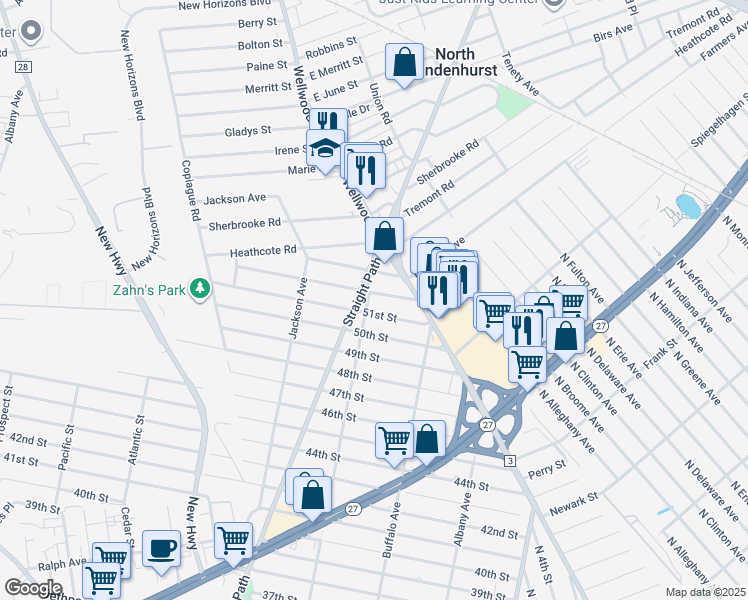 map of restaurants, bars, coffee shops, grocery stores, and more near 1011 Catskill Avenue in Lindenhurst