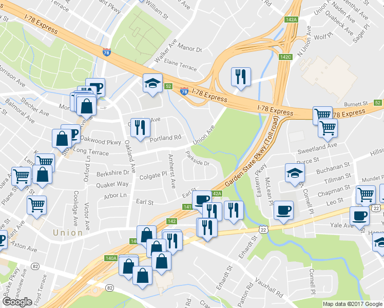 map of restaurants, bars, coffee shops, grocery stores, and more near 112 Parkside Drive in Union