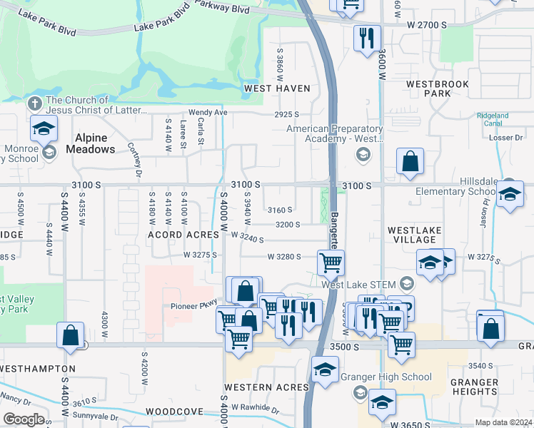 map of restaurants, bars, coffee shops, grocery stores, and more near 3889 3160 South in West Valley City