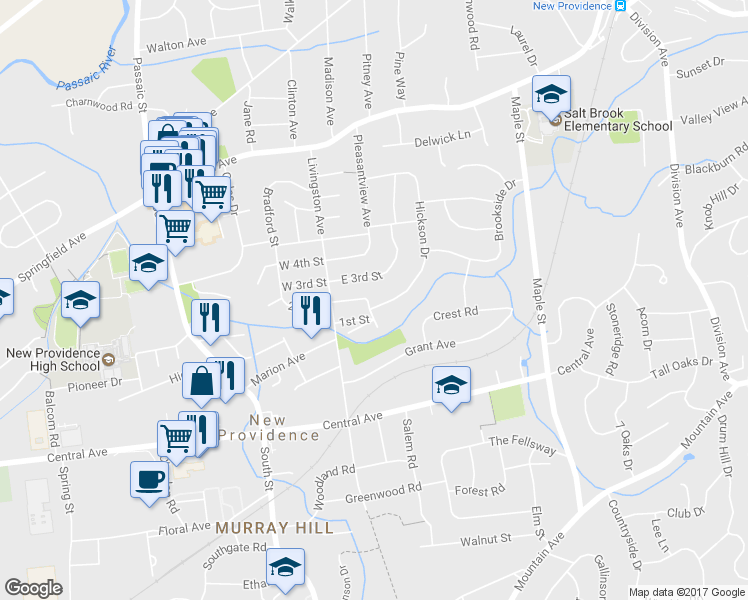 map of restaurants, bars, coffee shops, grocery stores, and more near 199 Hickson Drive in New Providence