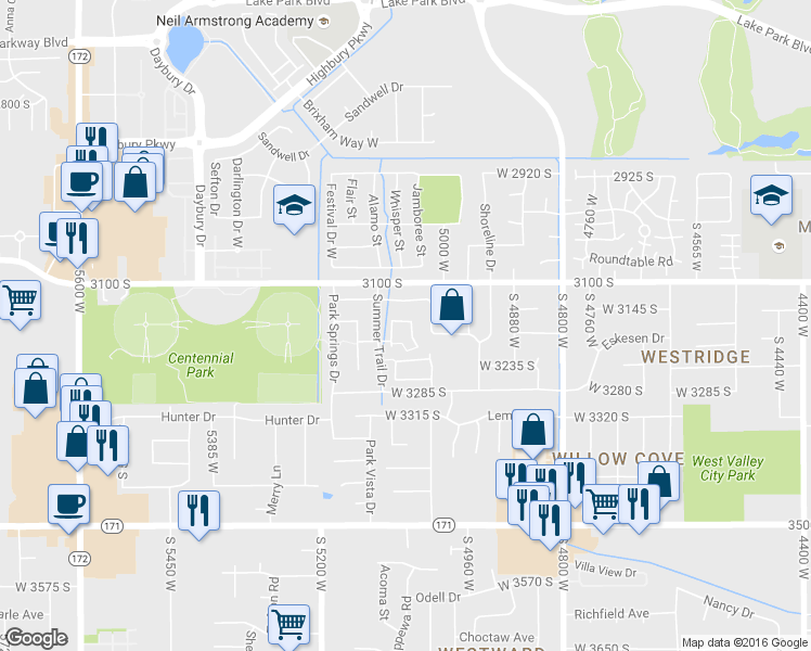 map of restaurants, bars, coffee shops, grocery stores, and more near 3176 Rendezvous Way in West Valley City