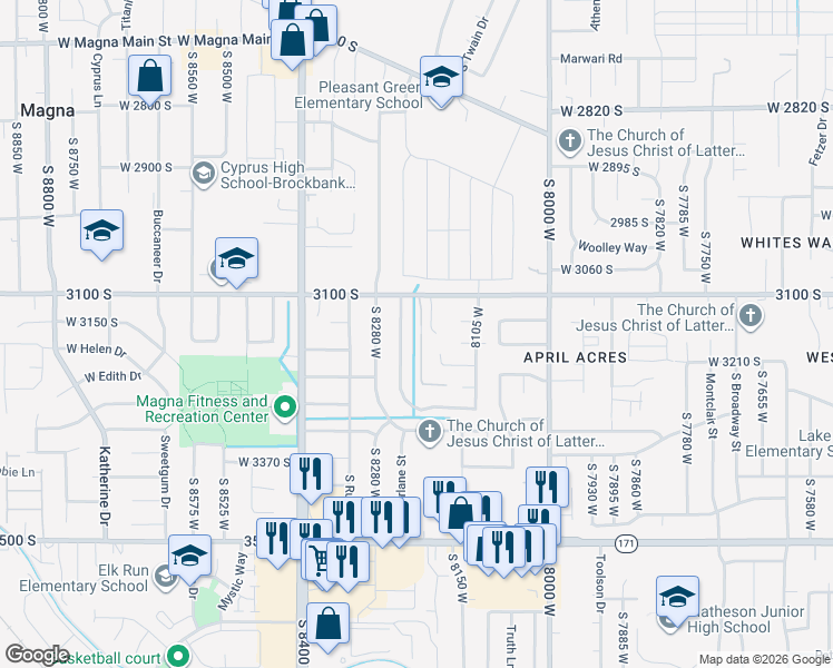 map of restaurants, bars, coffee shops, grocery stores, and more near 3170 Buena Verde Lane West in Magna