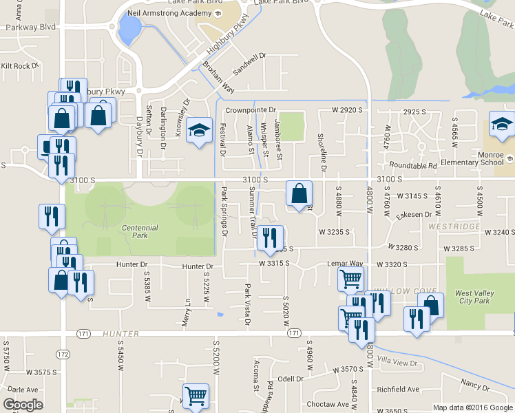 map of restaurants, bars, coffee shops, grocery stores, and more near 3174 Park Commons Way in West Valley City