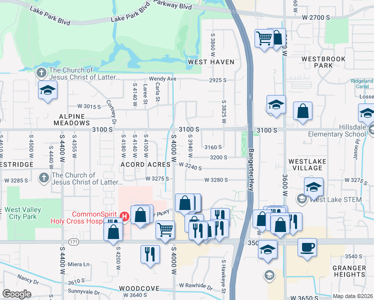 map of restaurants, bars, coffee shops, grocery stores, and more near 3174 Scottsdale Dr in Salt Lake City