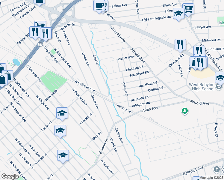 map of restaurants, bars, coffee shops, grocery stores, and more near 861 Densfield Road in West Babylon
