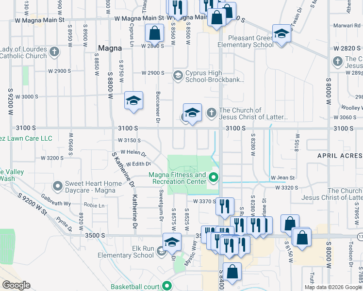 map of restaurants, bars, coffee shops, grocery stores, and more near 3162 South 8520 West Street in Magna