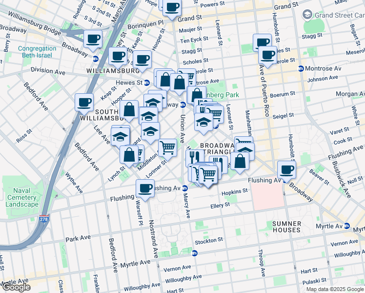 map of restaurants, bars, coffee shops, grocery stores, and more near Union Avenue & Lorimer Street in Brooklyn
