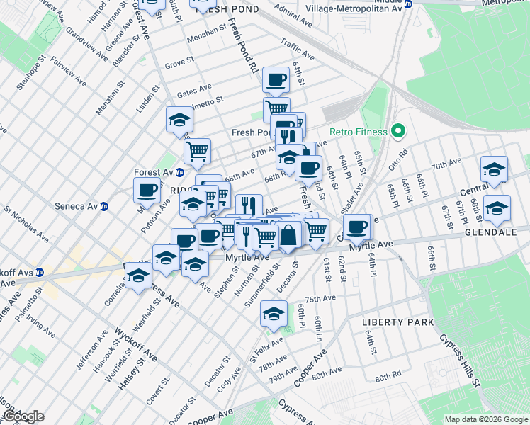 map of restaurants, bars, coffee shops, grocery stores, and more near 60-44 69th Avenue in Queens