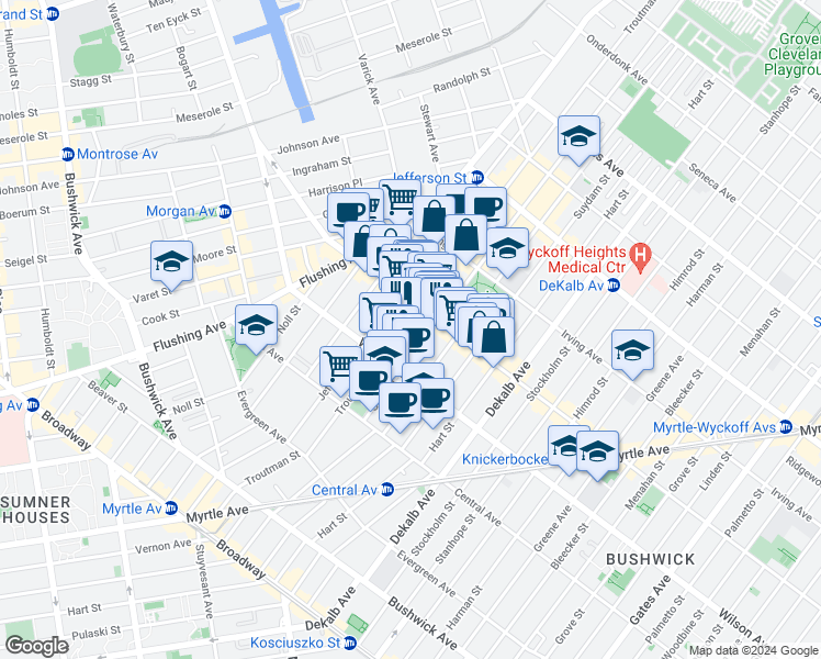 map of restaurants, bars, coffee shops, grocery stores, and more near 244 Knickerbocker Avenue in Brooklyn