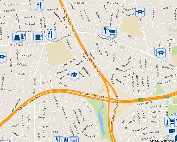 map of restaurants, bars, coffee shops, grocery stores, and more near 909 Annette Dr in Wantagh