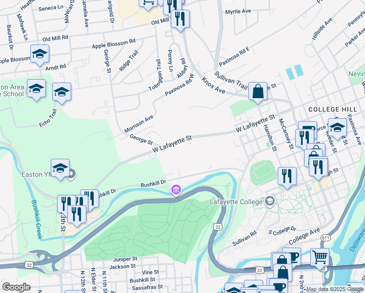 map of restaurants, bars, coffee shops, grocery stores, and more near 1036 West Lafayette Street in Easton