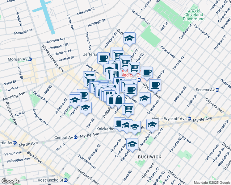 map of restaurants, bars, coffee shops, grocery stores, and more near 870 Hart Street in Brooklyn