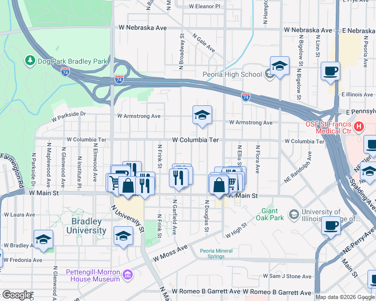 map of restaurants, bars, coffee shops, grocery stores, and more near 1213 North Orange Street in Peoria
