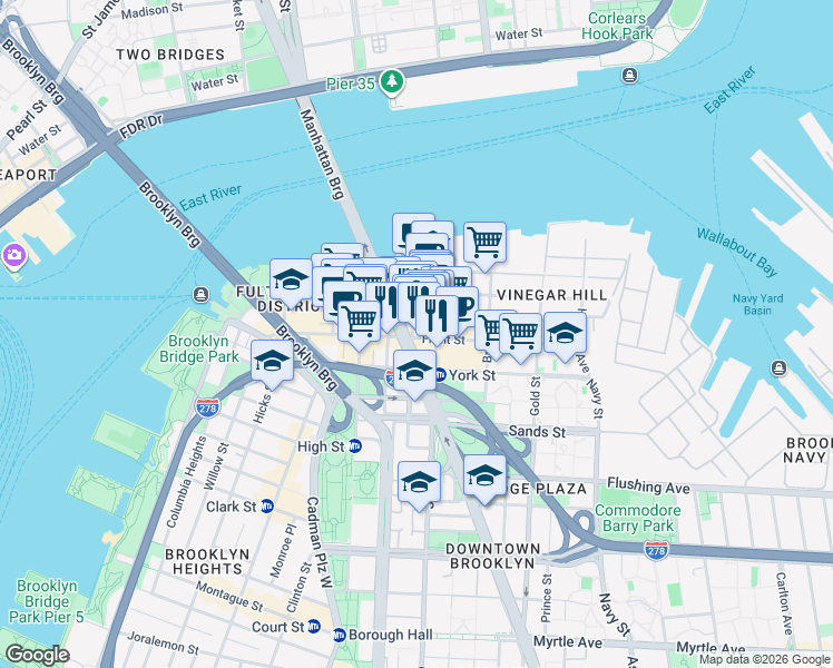 map of restaurants, bars, coffee shops, grocery stores, and more near 141 Front Street in Brooklyn