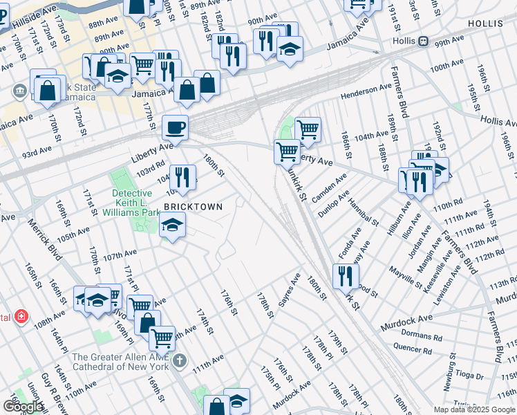 map of restaurants, bars, coffee shops, grocery stores, and more near 107-27 180th Street in Queens