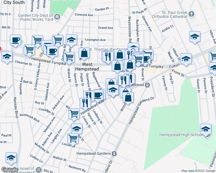 map of restaurants, bars, coffee shops, grocery stores, and more near 79 Elton Street in West Hempstead