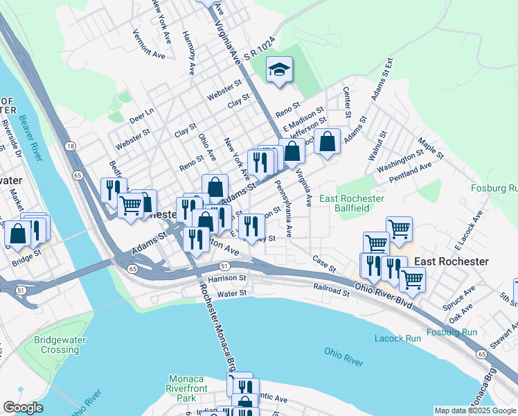 map of restaurants, bars, coffee shops, grocery stores, and more near 411 Jackson Street in Rochester