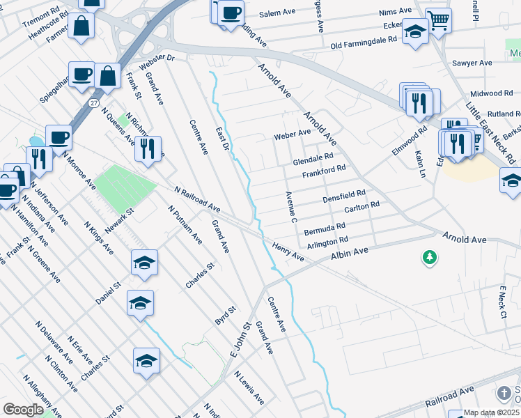 map of restaurants, bars, coffee shops, grocery stores, and more near 861 Densfield Road in West Babylon