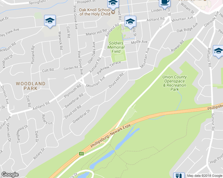 map of restaurants, bars, coffee shops, grocery stores, and more near 36 Druid Hill Road in Summit