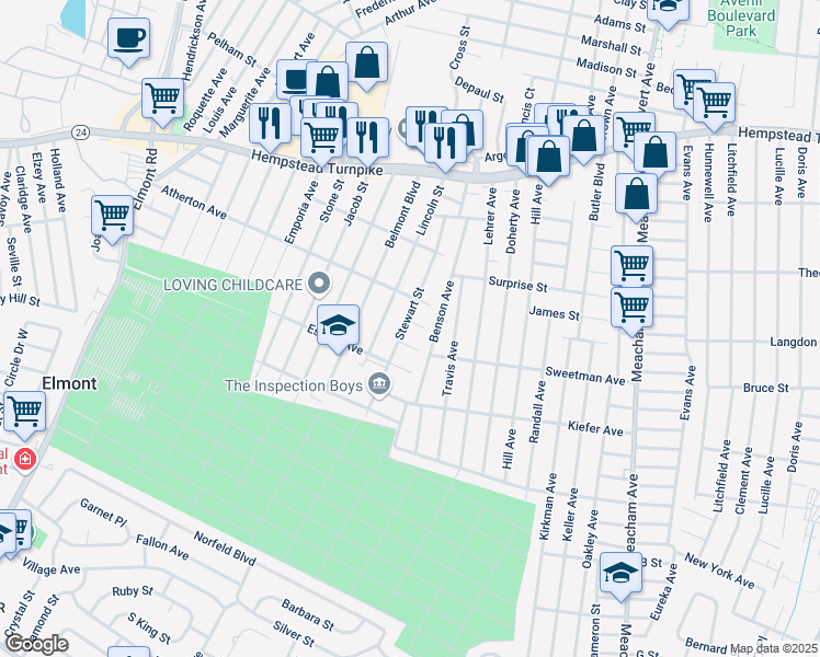 map of restaurants, bars, coffee shops, grocery stores, and more near 1529 Brunswick Place in Elmont