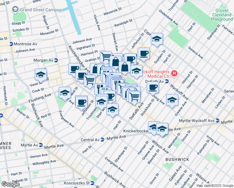 map of restaurants, bars, coffee shops, grocery stores, and more near 244 Knickerbocker Avenue in Brooklyn