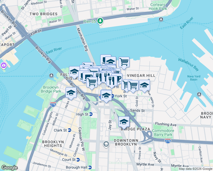 map of restaurants, bars, coffee shops, grocery stores, and more near 141 Front Street in Brooklyn