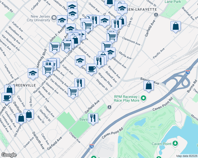 map of restaurants, bars, coffee shops, grocery stores, and more near 60 Stegman Street in Jersey City