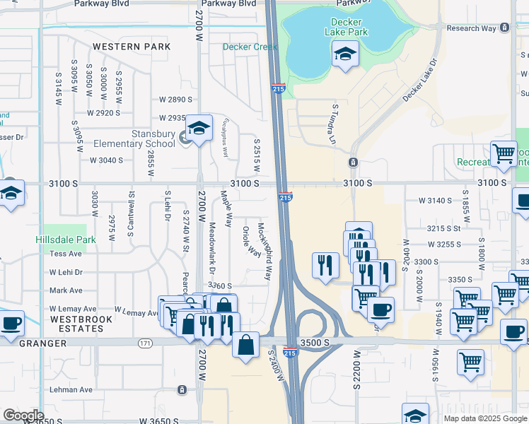map of restaurants, bars, coffee shops, grocery stores, and more near 2492 Starling Circle in West Valley City