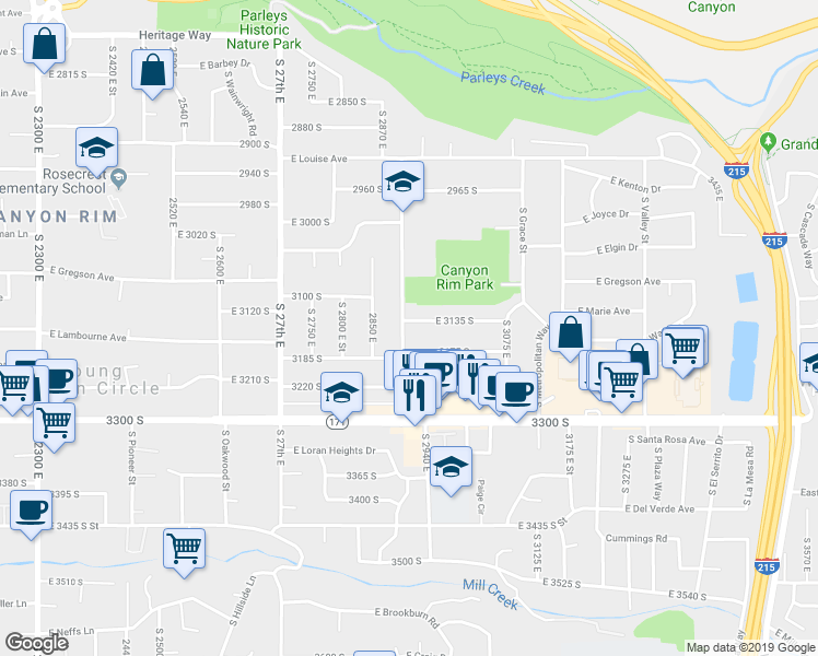 map of restaurants, bars, coffee shops, grocery stores, and more near 3139 South 2900 East in Salt Lake City
