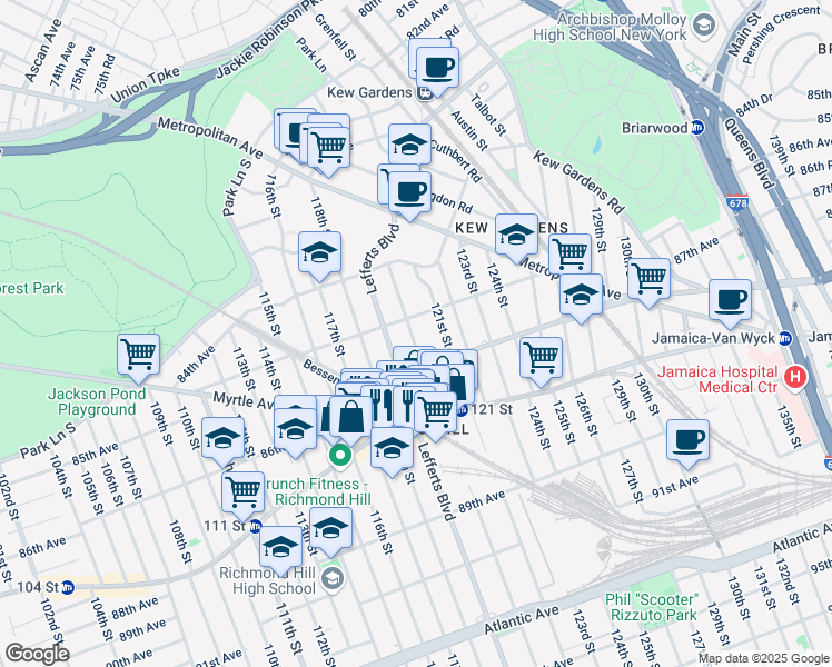 map of restaurants, bars, coffee shops, grocery stores, and more near 85-10 120th Street in Queens