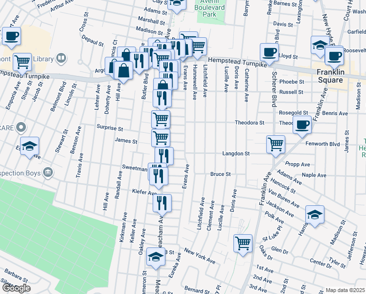 map of restaurants, bars, coffee shops, grocery stores, and more near 208 Evans Avenue in Elmont