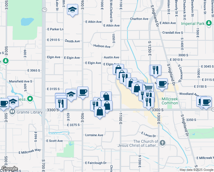 map of restaurants, bars, coffee shops, grocery stores, and more near 1028 Mansfield Avenue South in Millcreek